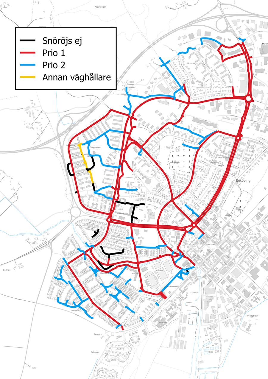 Kartan visar vilka cykelvägar som snöröjs först i västra Enköping.