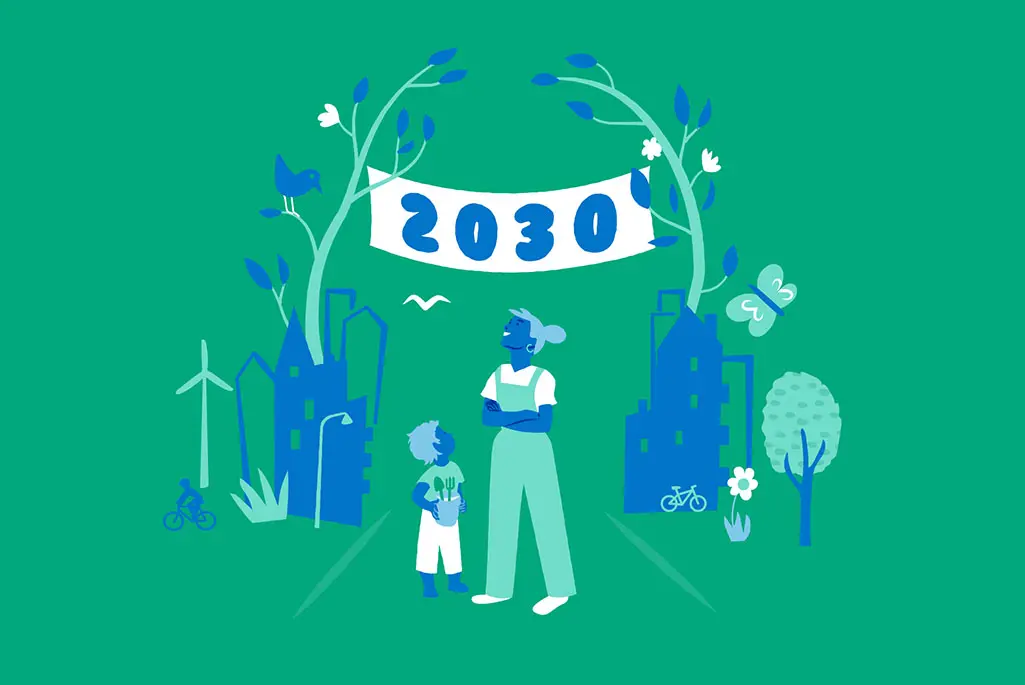 Grön illustration på en kvinna och en pojke som tittar upp på en skylt där det står 2030.